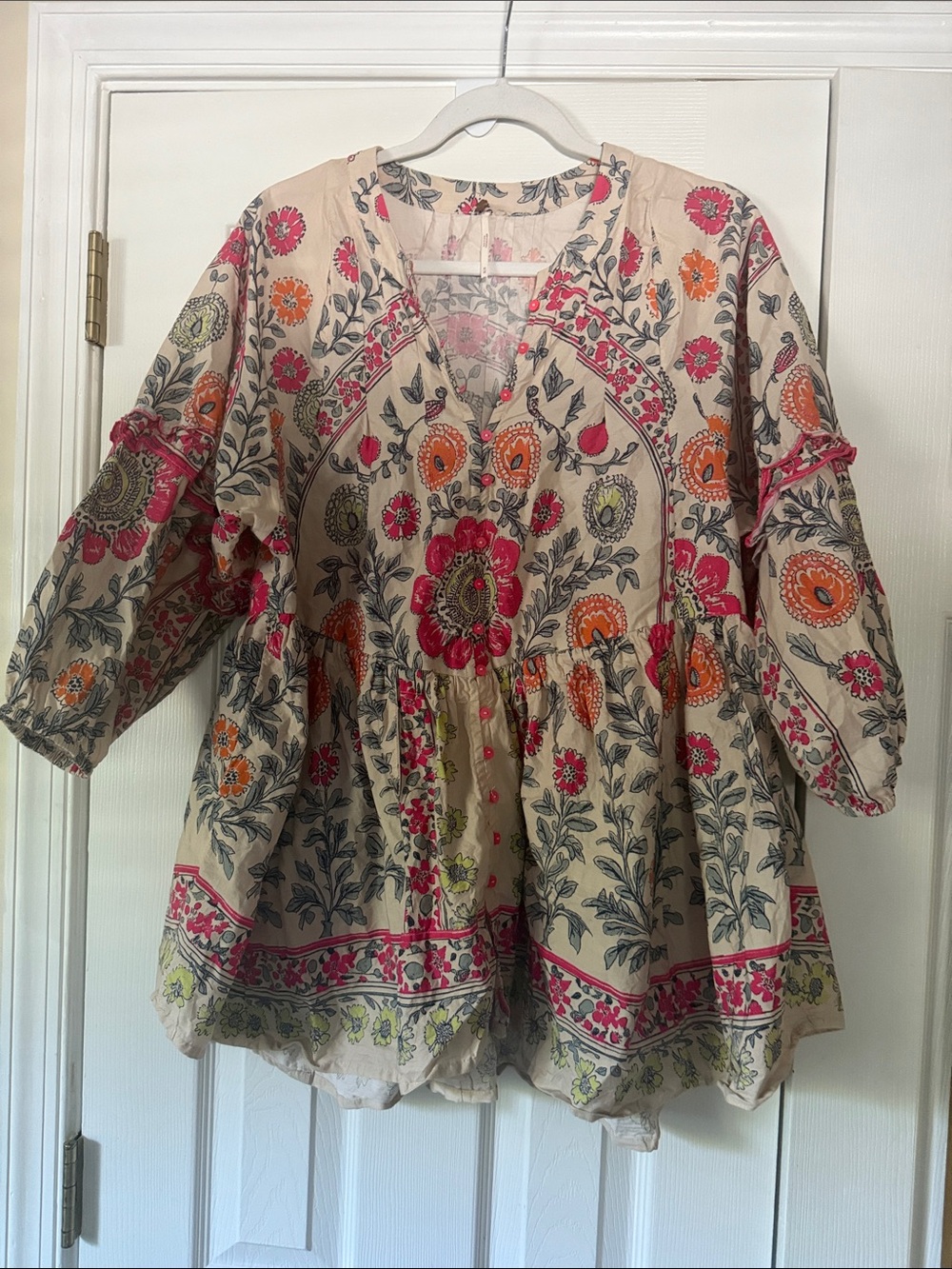 Free People Cream Tunic with Pink & Orange Floral Print